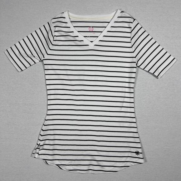 Striped Minimalist Soft Basic V-Neck Tee Isaac Mizrahi Women's Black White XS - Picture 1 of 6